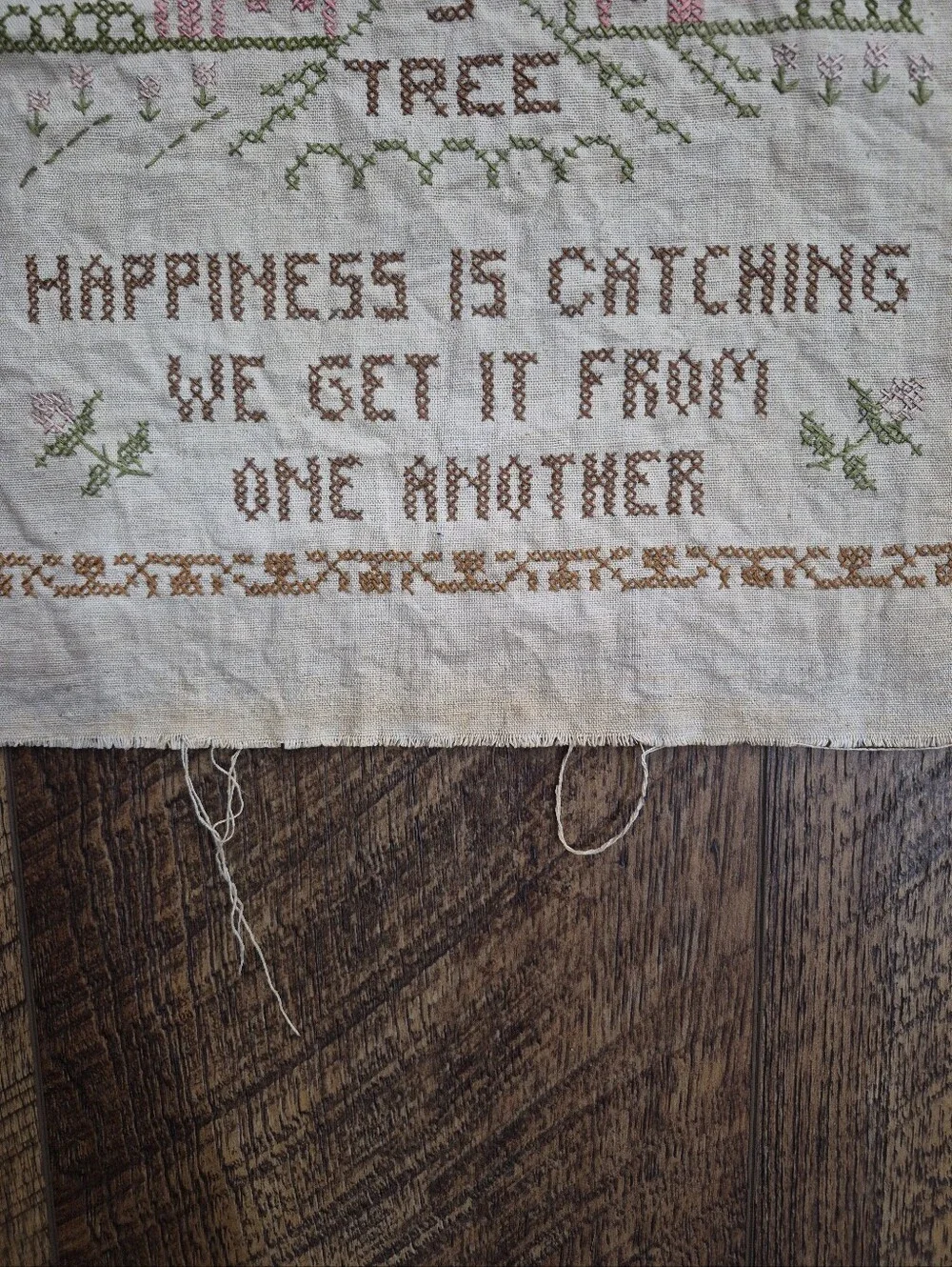 Vintage Happiness Tree Embroidered Cross Stitch Sampler Linen Fabric Large